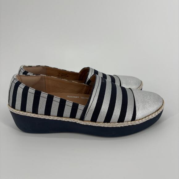 FitFlop Women Dahlia Metallic Stripe Espadrille Shoe Size 7 Slip On Blue Silver - Picture 4 of 6